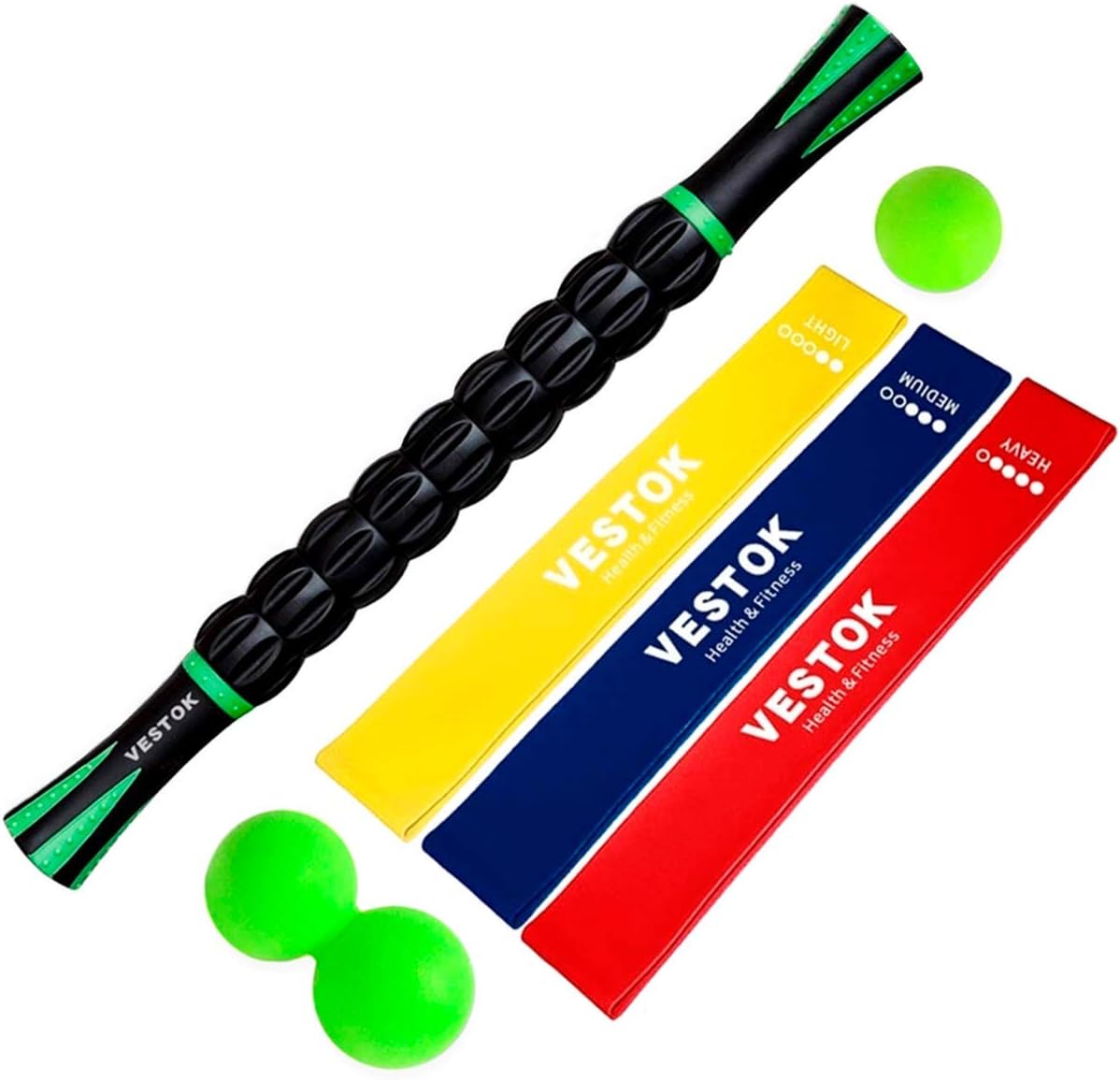 Muscle Roller Resistance Bands Kit - Massage Roller Set | Massage Stick, Peanut Ball, Massage Ball + 3 Fitness Bands | Therapy Set for The Perfect Stretch, Instant Recovery and Best Exercises