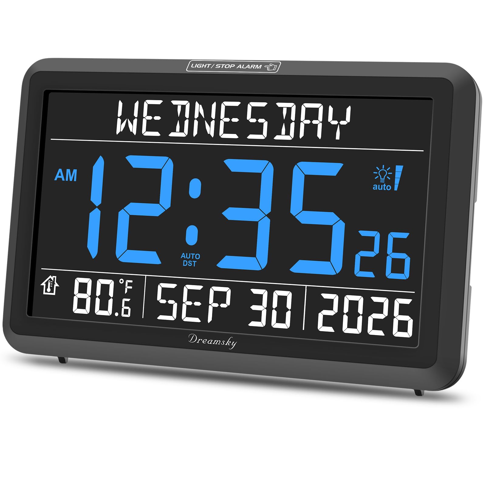 DreamSky Digital Clock with Date and Day of Week - Large Calendar Clock for Seniors Elderly, Loud Alarm Clock for Bedroom Desk, Backlight Dimmer, Adjustable Volume, USB Port, Auto DST, Battery Backup