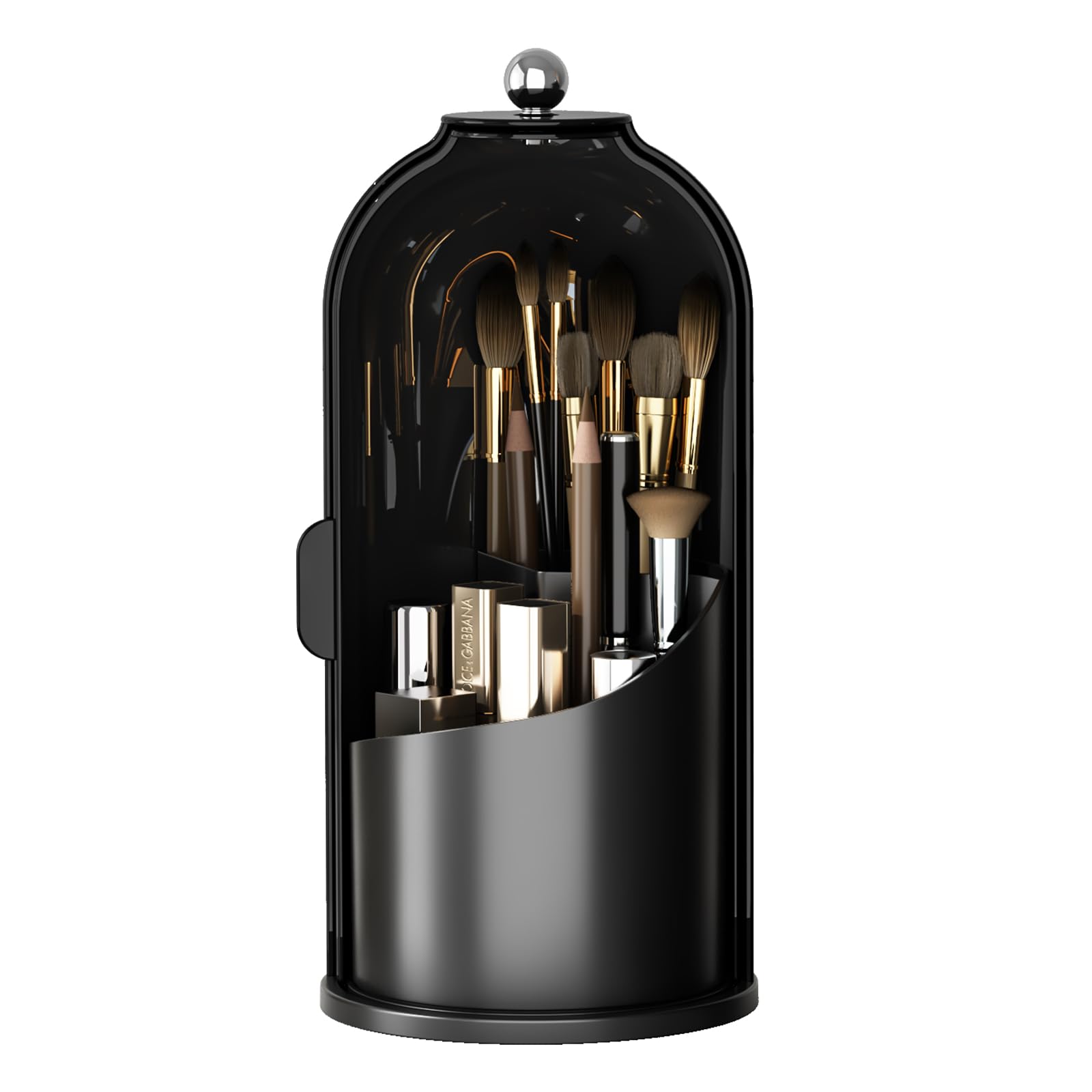 Porta pennelli da Trucco con Coperchio, Girevole a 360°, Organizer per Cosmetici da appoggio, Antipolvere, per Bagno, Trasparente (Nero Scuro)