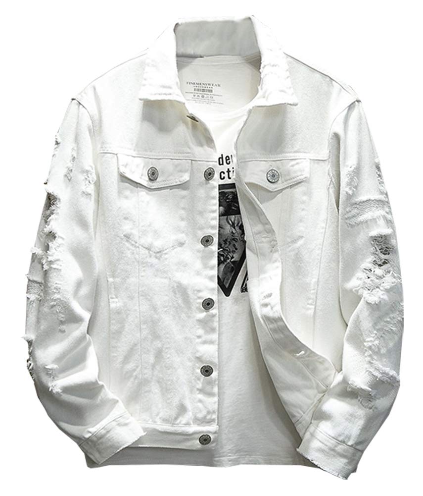 Kedera Distressed Denim Jacket Men's Button Down Denim Jacket Trucker Jean Coat, White, L