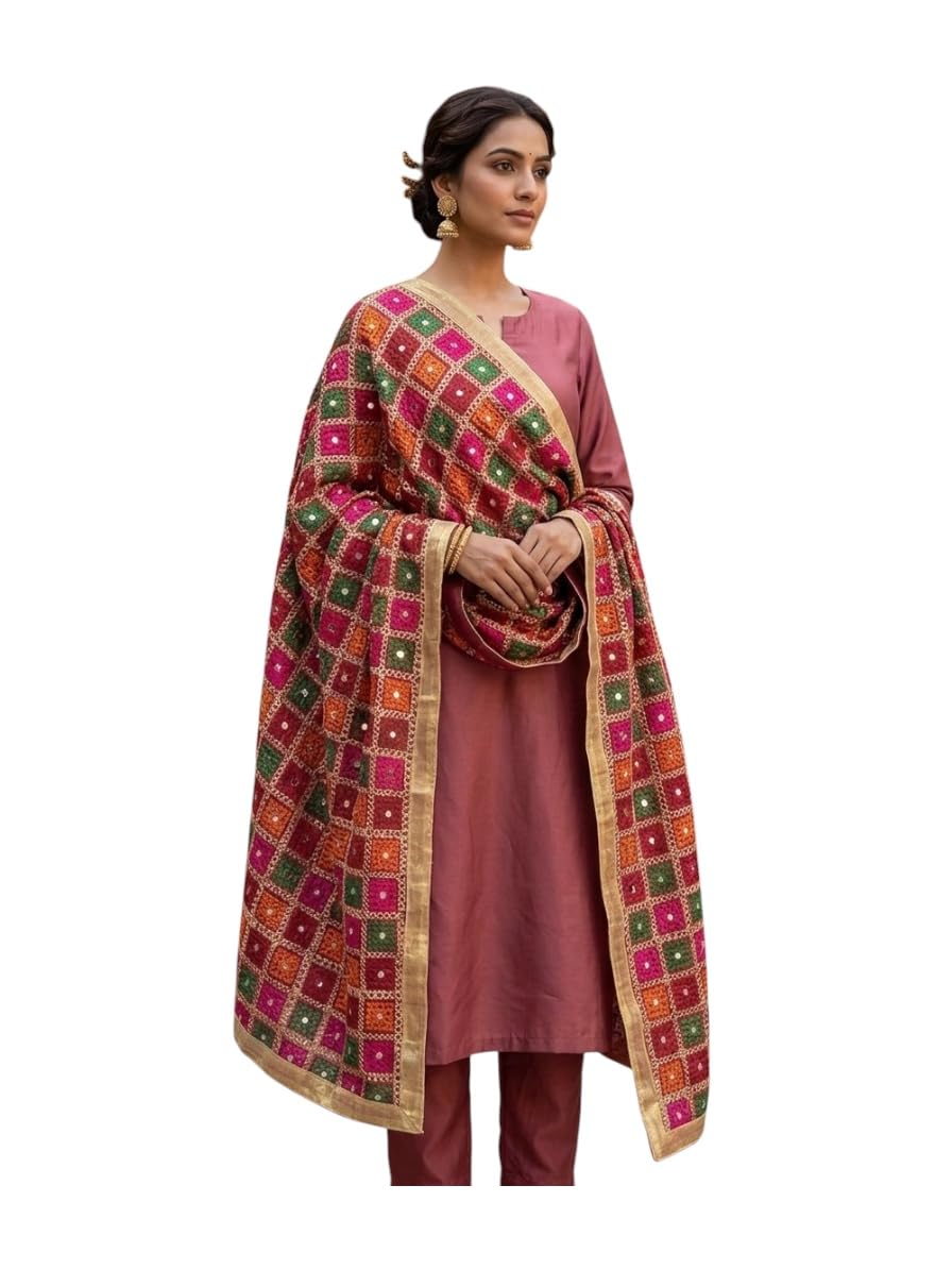 Punjabi Phulkari Dupatta, Multicolour with Golden Border, Festive Traditional Ethnic Wear for Women for Rakshabandhan, Wedding, Christmas Celebrations-picture-25