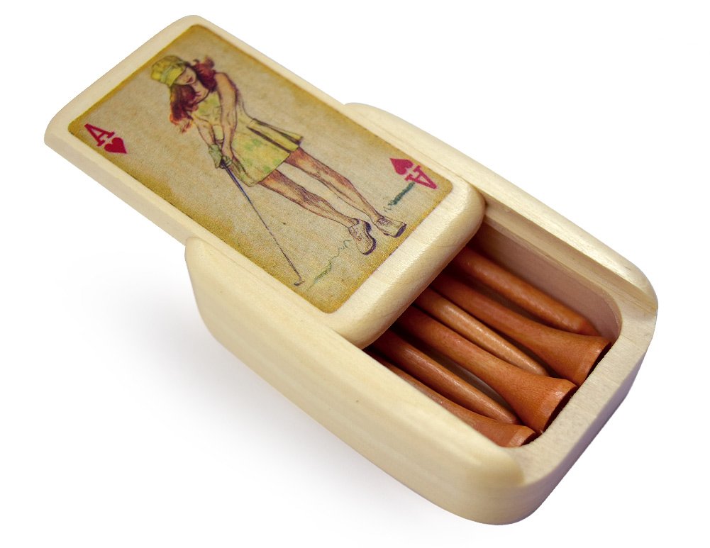 Modern Artisans Golf Tee Caddy Box, American Made Aspen Wood with 6 Tees (Female Golfer Version)