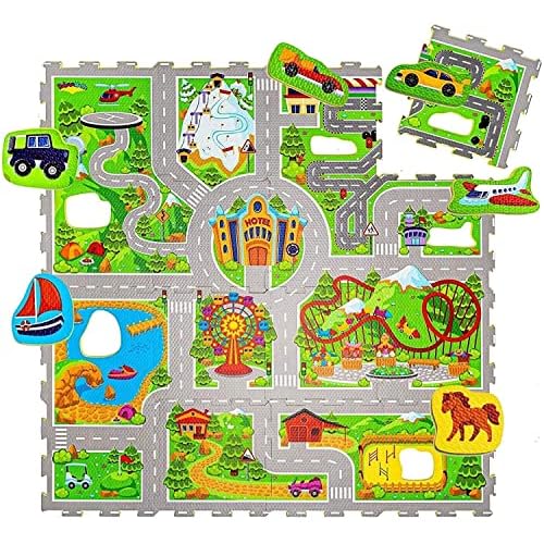 Hakuna Matte Puzzlematte für Babys Urlaub 1,2x1,2m – 16 Schaumstoffplatten mit Straßen – 20% dickere Spielmatte in einer umweltfreundlichen Verpackung – schadstofffrei, geruchlos, TÜV Formamid geprüft