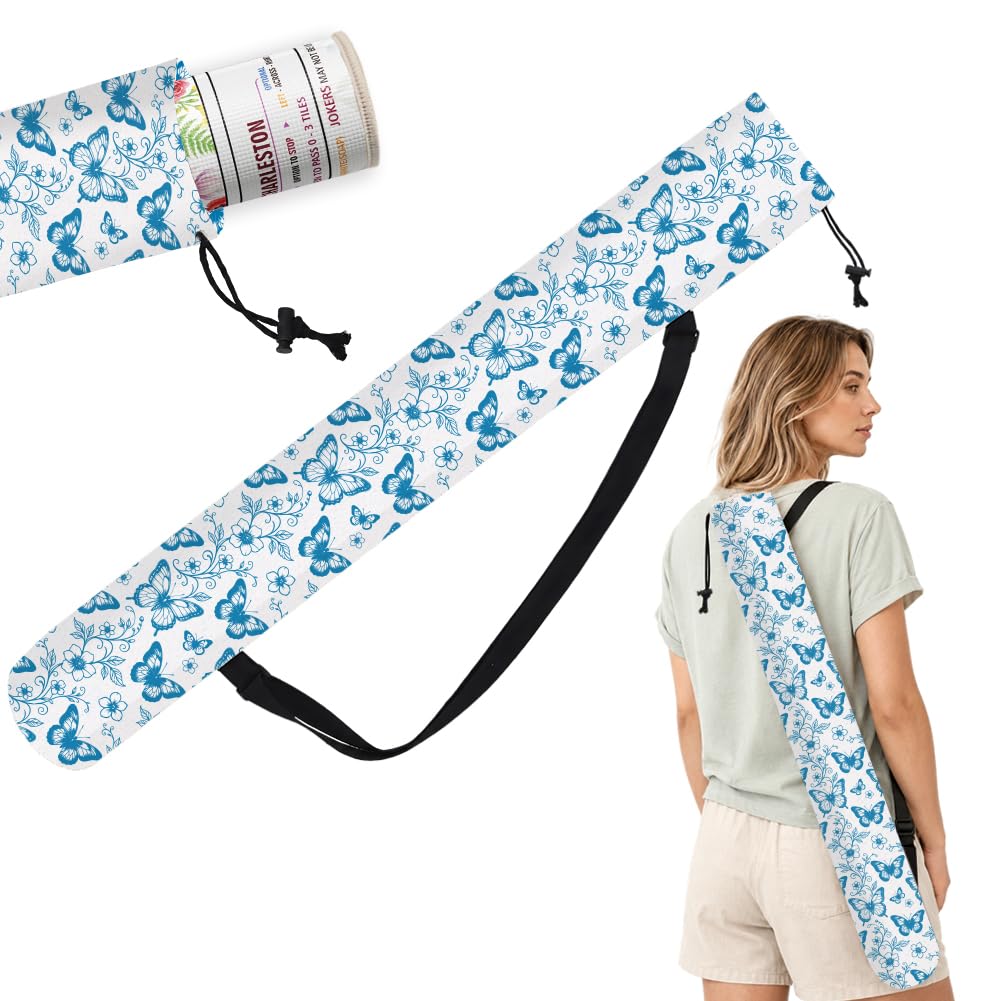 FINGERINSPIRE Mahjong Mat Holder Bag with Strap 91x15cm Canvas Yoga Mat Bag with Adjustable Strap Blue Butterfly Floral Print Drawstring Carrier Bag Outdoor Travel Canvas Storage for Mahjong Yoga Mats