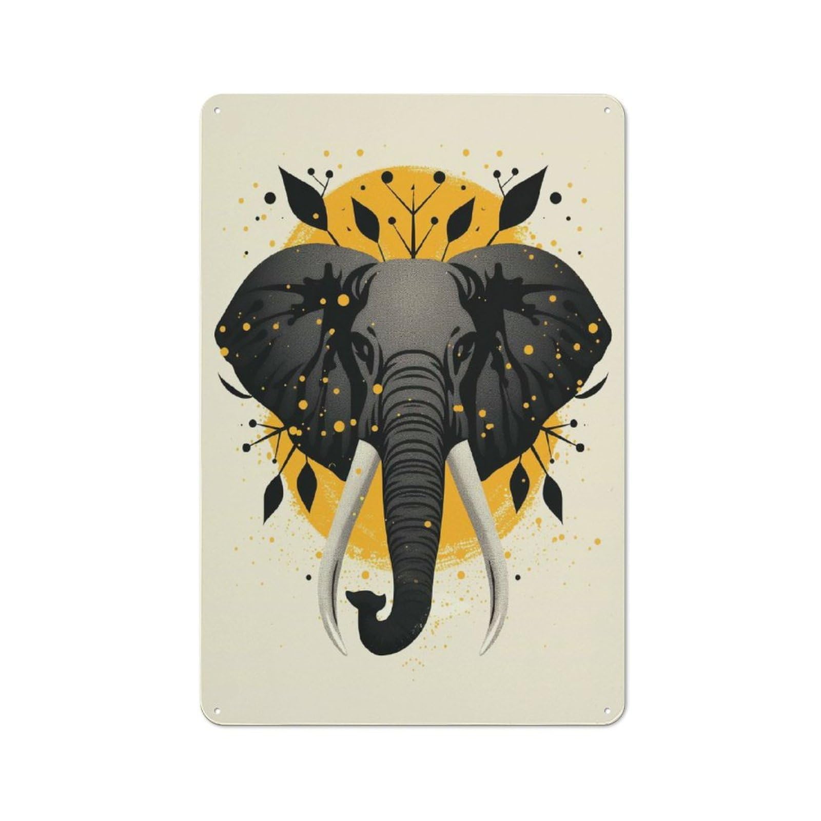 Elephant Vector Portrait with Golden Abstract Circle Country Vintage Metal Wall Decor 30x20cm, Decorative Tin Sign for Cottage, Kitchen, Hallway Or Breakfast Nook