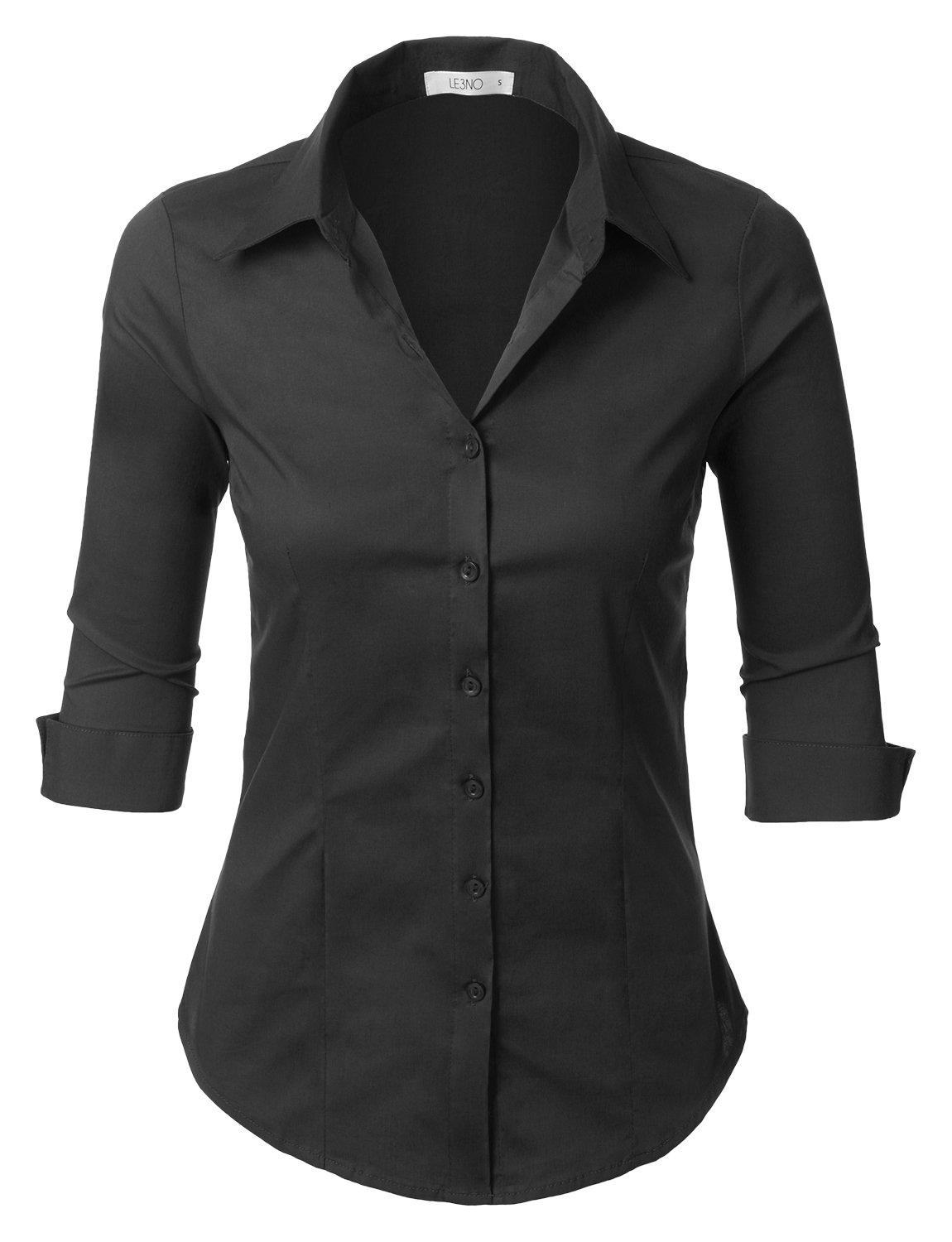 LE3NO Womens Slim-Fit 3/4 Sleeve V Neck Casual Work Shirts Top with Stretch