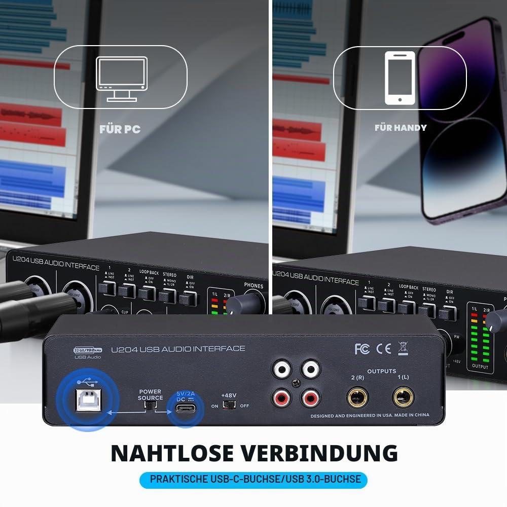 BOMGE U204 USB-Audio-Anschluss für die Aufnahme von Musik auf PCs, 2x2 Gitarren-Audio-Anschluss für Mac 32-Bit/192kHz Podcast-Streams, für Sänger-Produzenten mit 48V Mirage