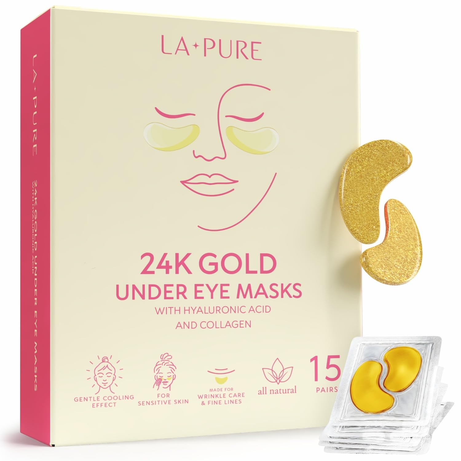 LA PURE 24K Gold Eye Treatment Mask | Eye Masks for Dark Circles, Anti Wrinkle Treatment, Under Eye Gel Pads, Eye Mask for Puffy Eyes, Skincare, Hydrating, Gifts for Women | 15 Pairs (Pack of 1)