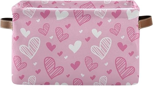 Cesta de almacenamiento sin costuras de color rosa con corazones, bolsa organizadora plegable de tela con asas, 15 x 11 x 9.5 pulgadas