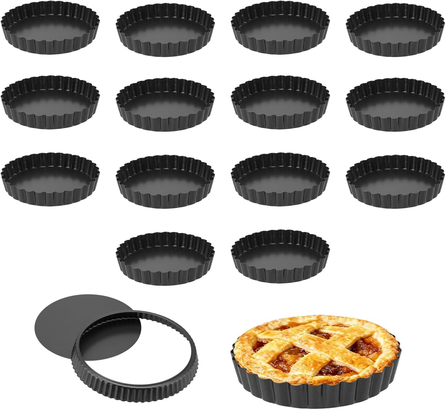 JEUIHAU 16 mini teglie da 12 cm, antiaderenti in acciaio al carbonio con base allentata, teglie rotonde scanalate per cuocere quiche, flan, cheesecake