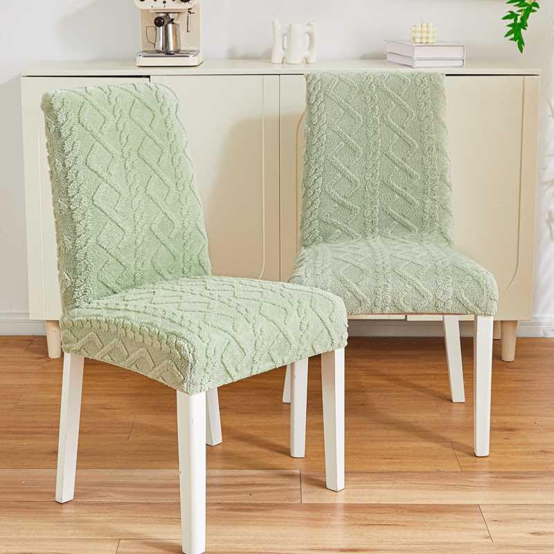 Image of HOMETHREADS Elastic Jacquard Chair Cover-Stretch Fit, Removable & Washable Short Dining Chair Seat Protector - 400gsm Soft & Wrinkle-Resistant Slipcover for Home, Kitchen, Banquet (Green, Pack of 6)