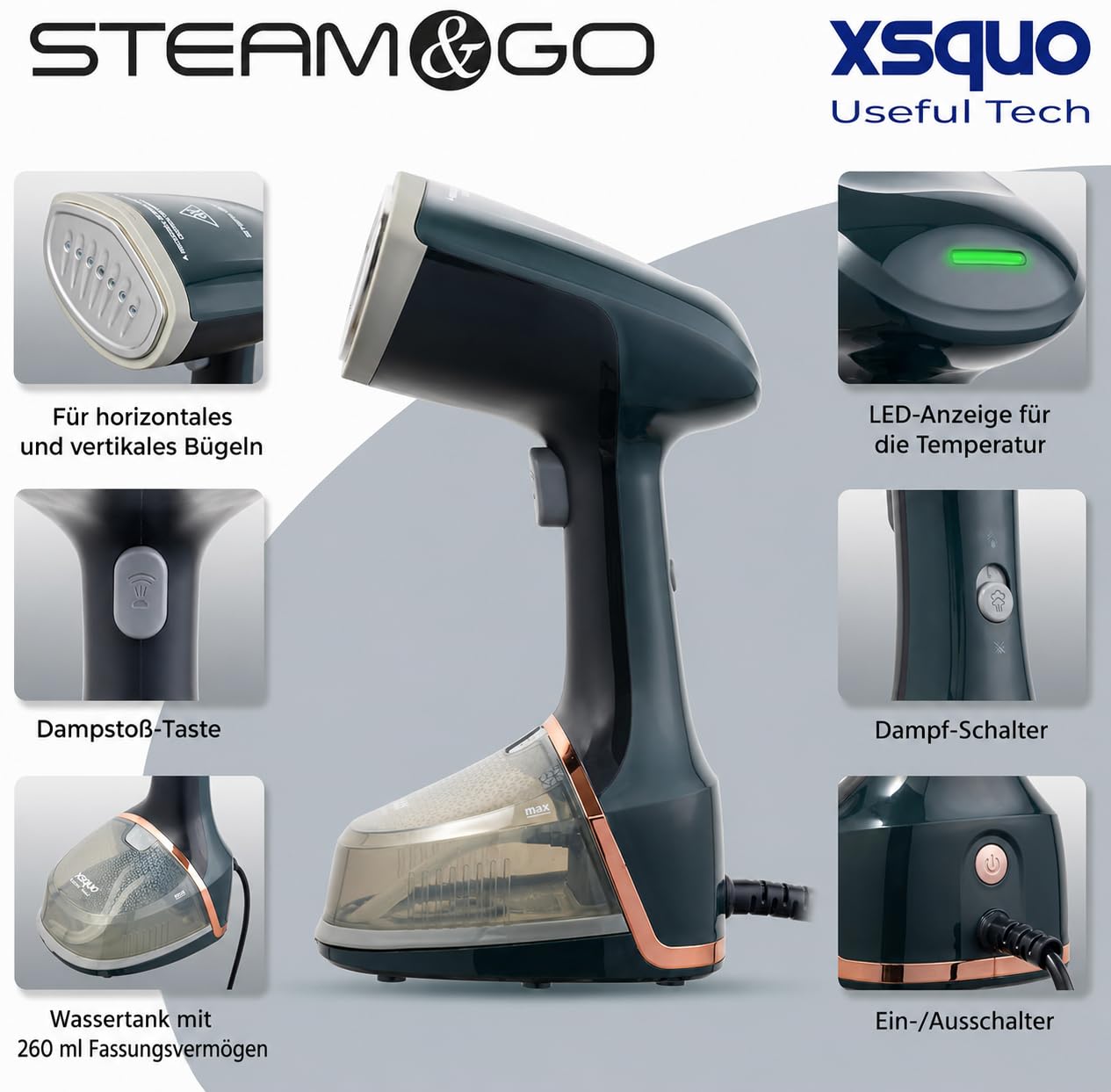 Vertikales Dampfbügeleisen, professionell, 2000 W, tragbar, für Falten, Erwärmung, 30 Sekunden, 260 ml, ergonomisch, für Reisen und Zuhause, kontinuierlicher Dampf, Bürste inklusive Temperaturanzeige