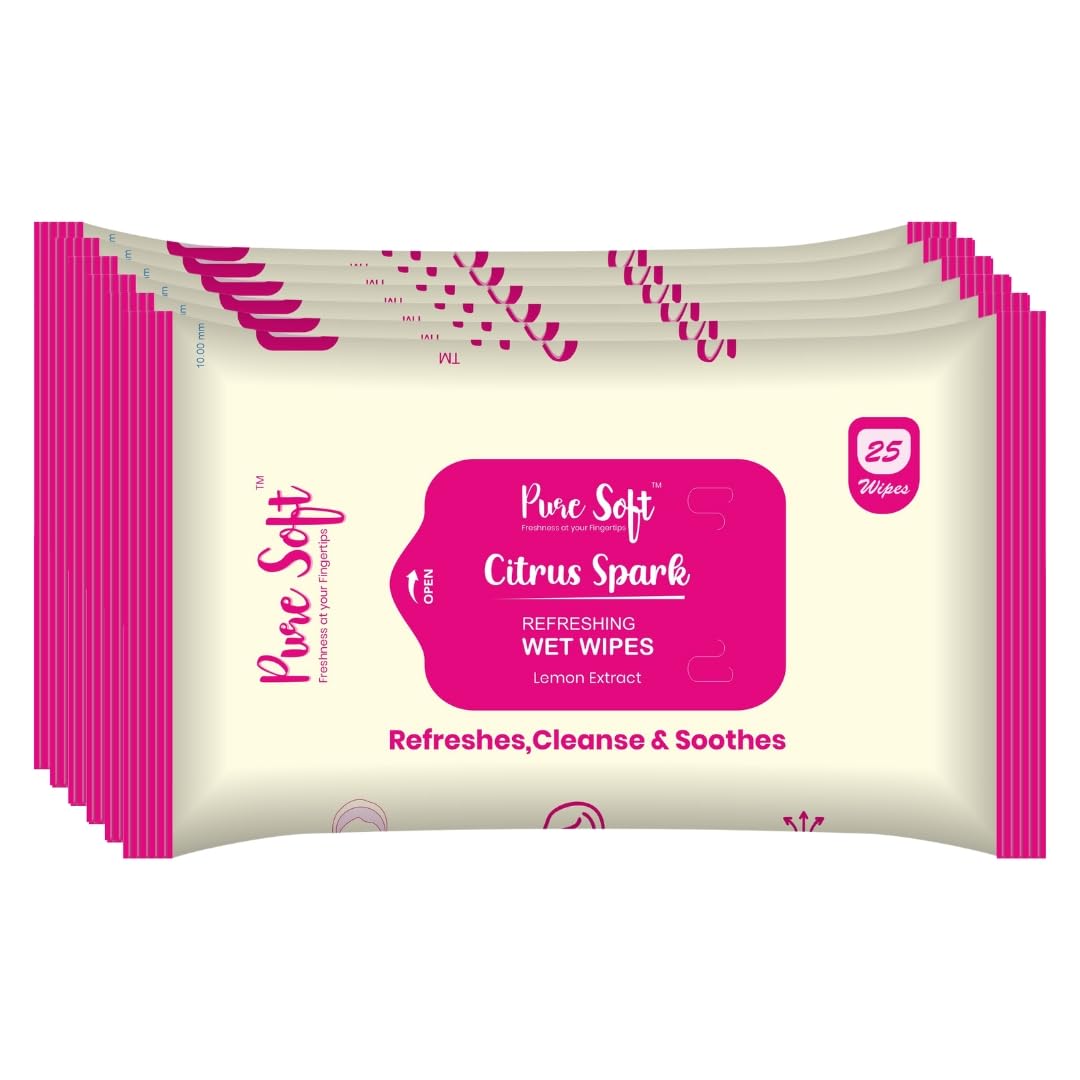 Pure Soft Citrus Spark Refreshing Wet Wipes 25N Each - Pack of 6 | Wet Wipes for Face with Lemon Extract & Aloe Vera Extract | Makeup Remover Wipes | Hydrating, Refreshing, Soothing | Paraben & Alcohol Free-image-45