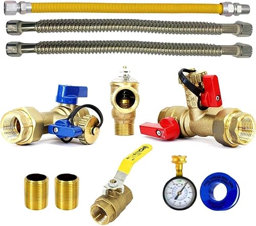 Kit completo de válvula de servicio de aislamiento de calentador de agua sin tanque de 34 pulgadas con válvula de alivio de presión y válvula de