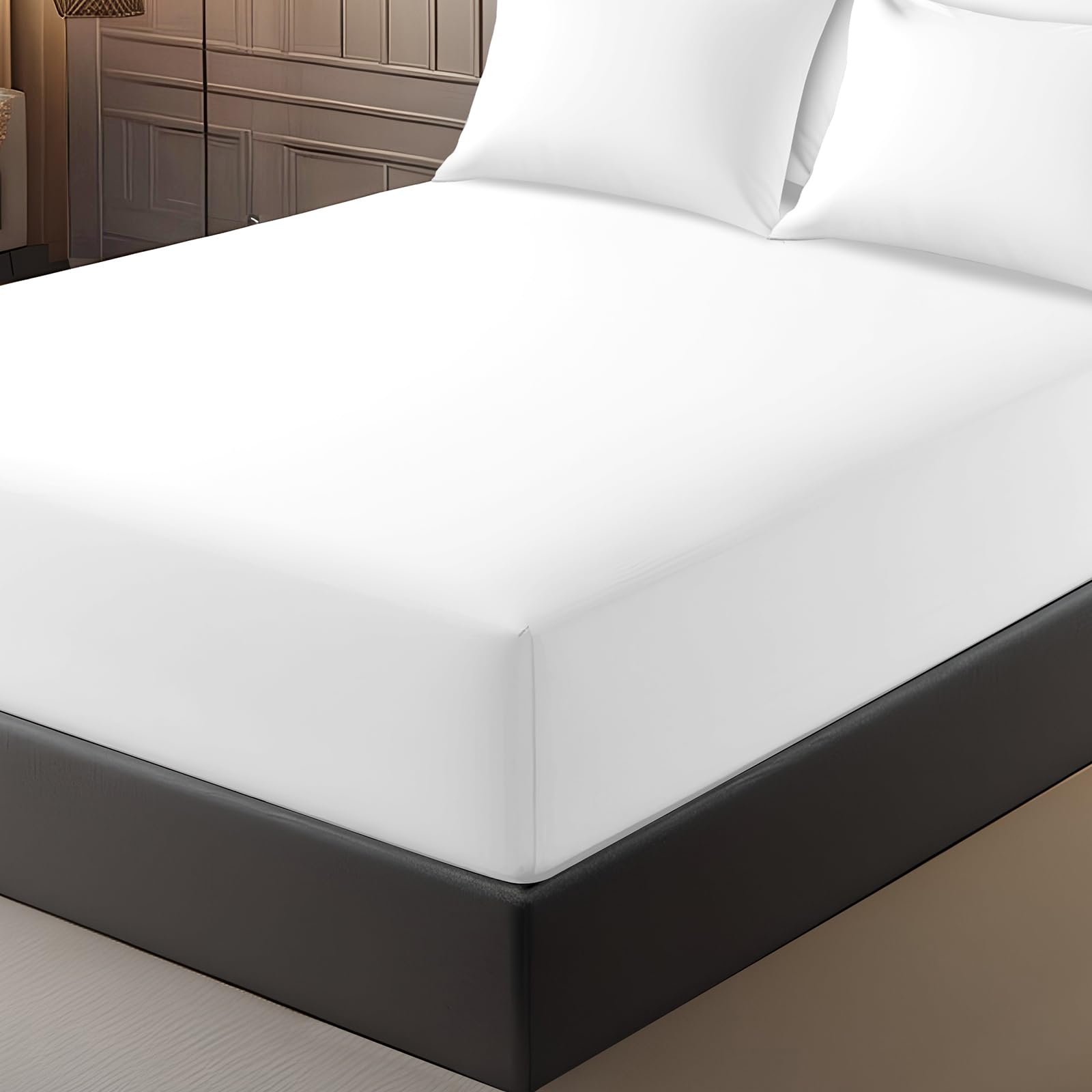 Pamposh White Double Fitted Sheet Extra Deep Pocket 40 Cm (16 Inches) Durable Elastic Fitted Bed Sheets Double - Premium Brushed Microfibre Fitted Sheet - Ultrasoft Hypoallergenic Fade Resistant