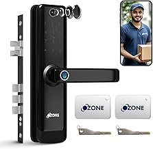 Ozone Smart Door Lock with Camera | Wi-Fi Enabled 6 Way Access Fingerprint, Password, RFID, App, OTP Unlock, Emergency Key | Auto Secure Alarm USB Backup | Black | 2 Year Warranty + Free Installation
