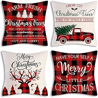 NDLT Christmas Pillow Covers Set of 4, Christmas Decorative Pillow Cover White and Red Buffalo Plaid Pillow Covers, Christmas Trees Car Antlers Home Decor Cushion Cover for Sofa ( 18x18 inch )