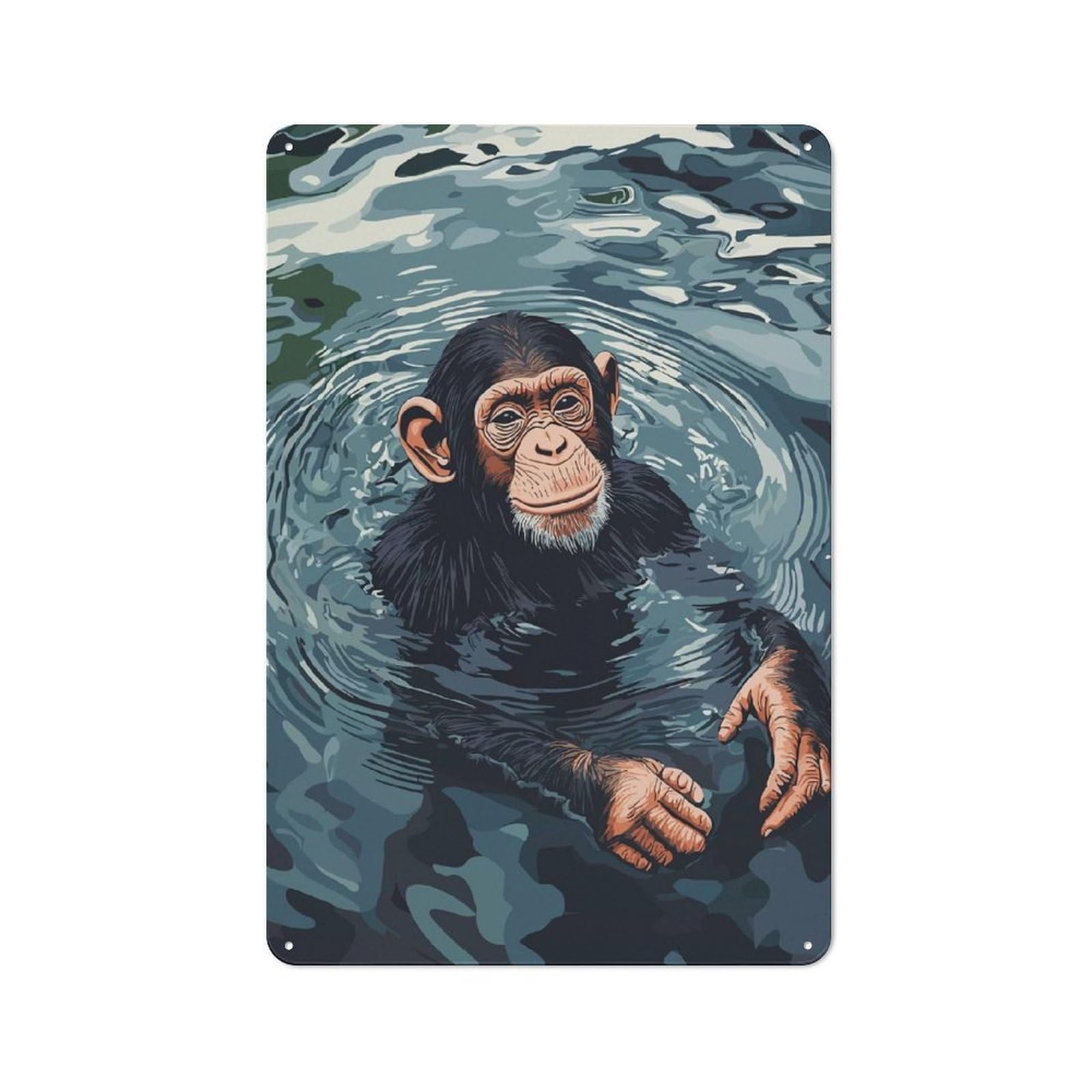 Junmoney Style-23 Chimpanzee Swimming In Water Decorative Tin Plaque 30X20cm, Decorative Novelty Wall Art For Hallway, Home Bar, Garage Or Study