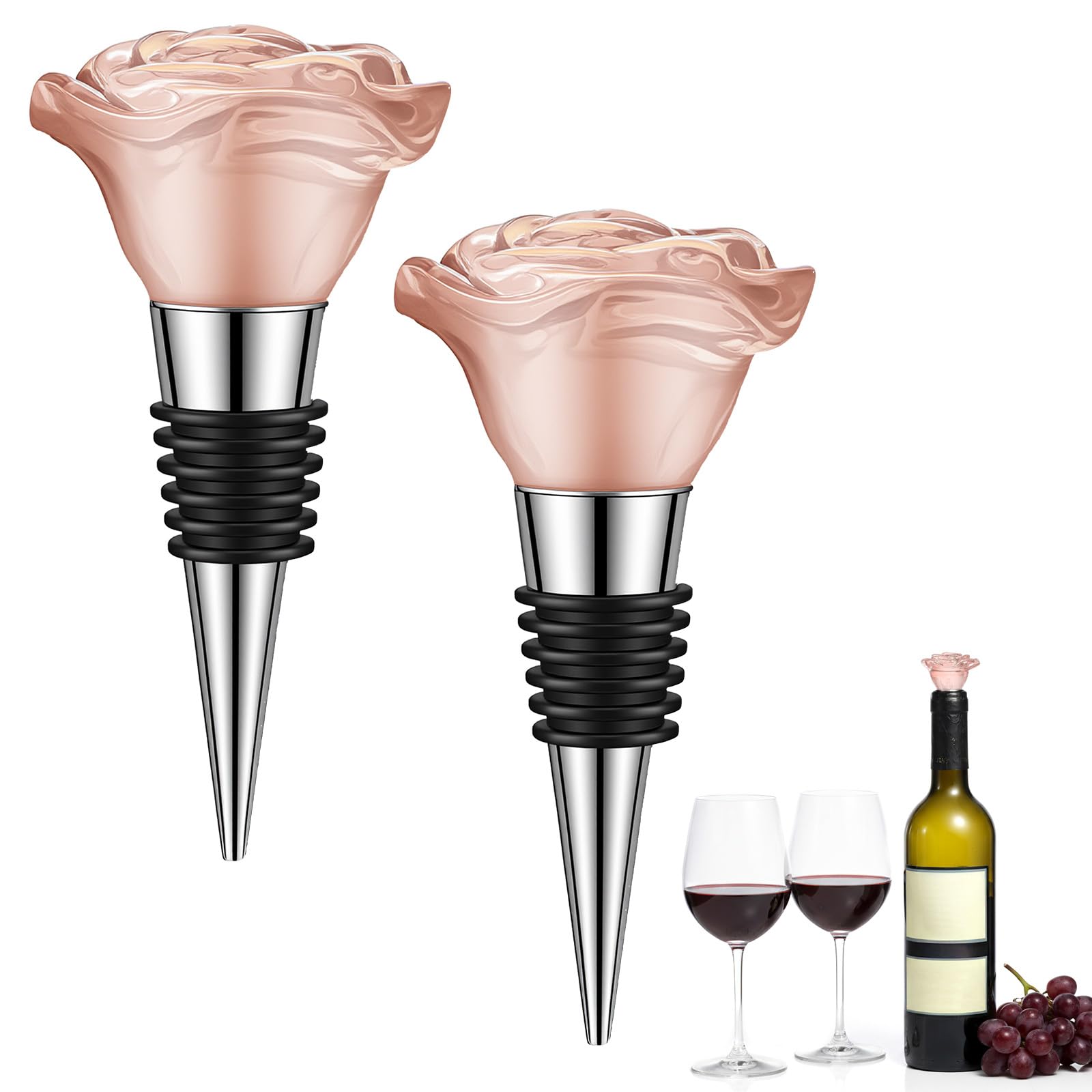Photo 1 of [One is broken] Elegaperma 2 Pcs Wine Toppers For Wine Bottles, Sparkling Pink Rose Shape