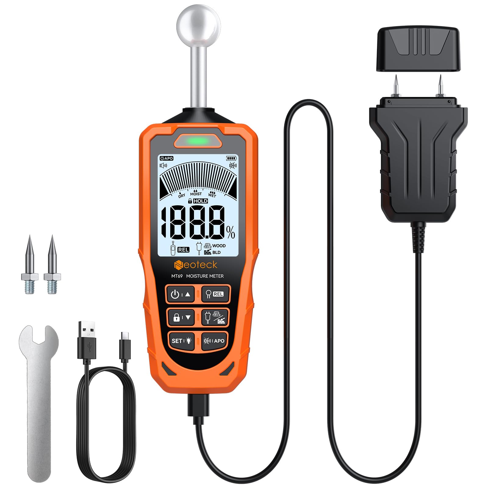 Neoteck 2-in-1 Moisture Meter with Pin & Ball Sensor, Non-Destructive Wall Damp Detector with LCD & Alarm, for Wood Concrete