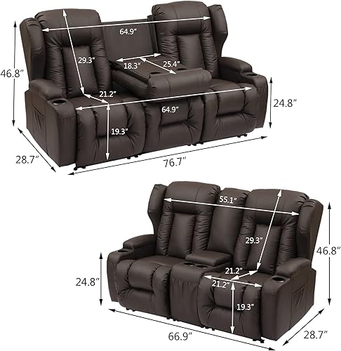 Miniatura 2 de VUYUYU Juego de sofá reclinable para sala de estar, sofá reclinable tapizado, sofá reclinable de cuero unido manual reclinable (marrón, juego de 3+2)