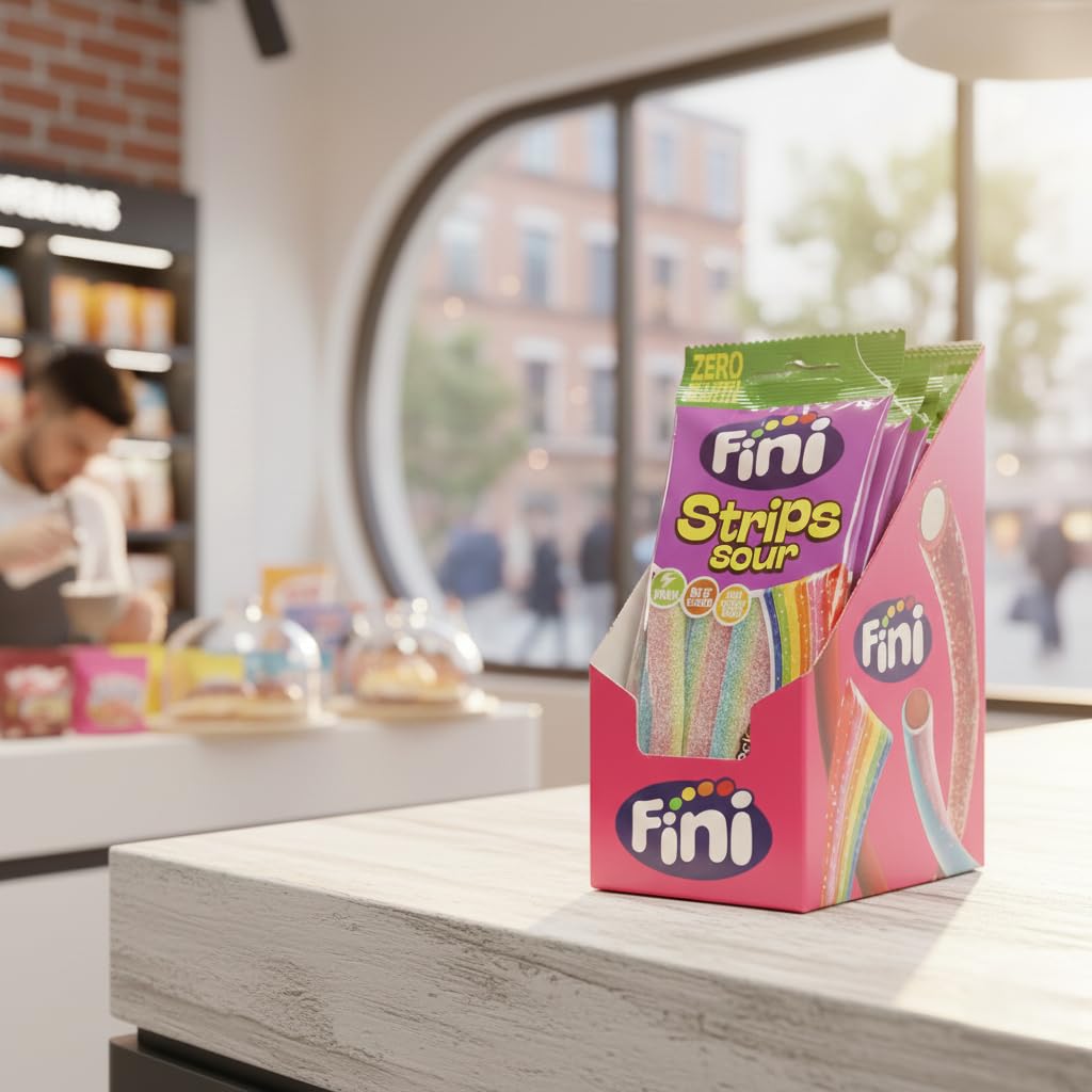 Fini Strips Sour Rainbow Zero Gluten Gominolas Ácidas Multicolor Sin Gluten Caja 12 Bolsitas 75g Snack