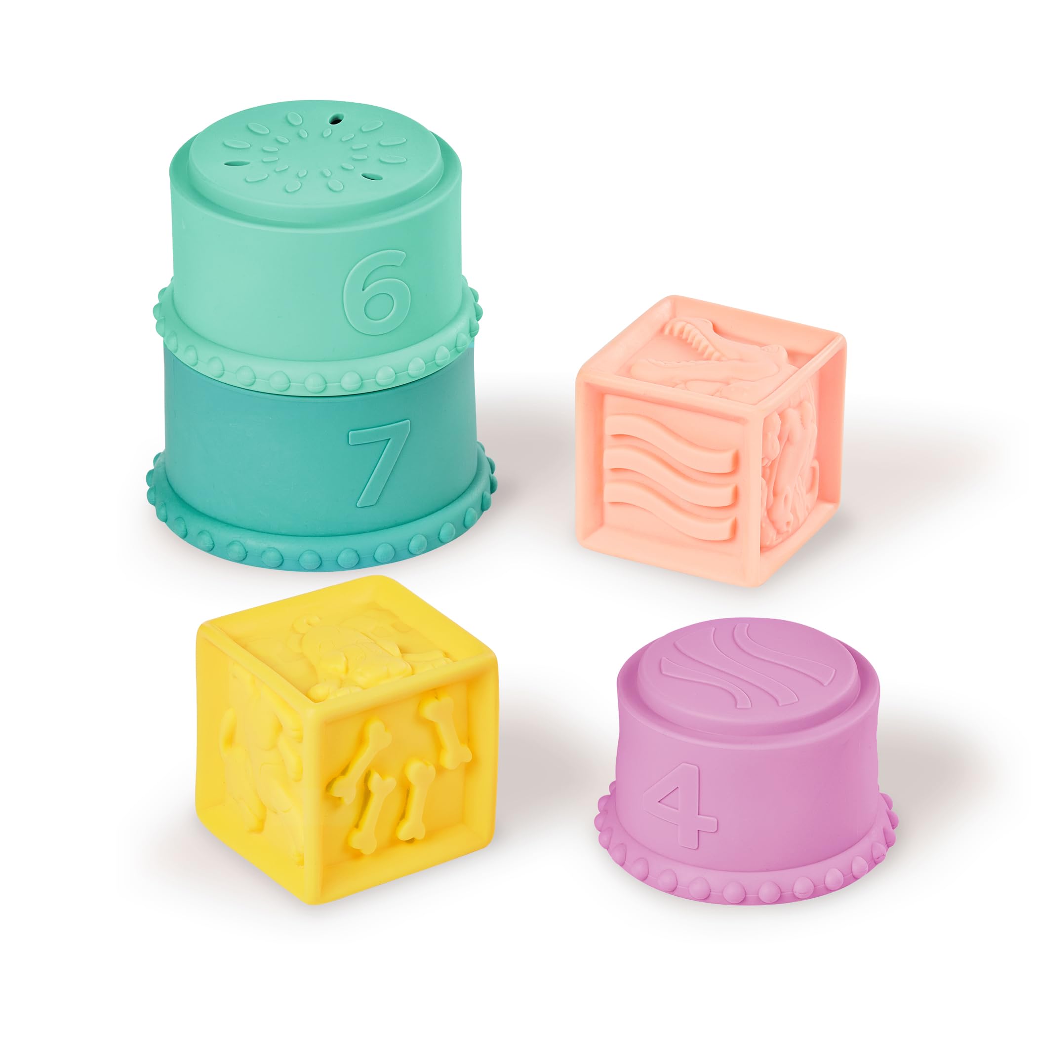 B. toys - Squishies do układania w stosy - Zabawka sensoryczna dla niemowląt - Miękkie klocki dla niemowląt - Figury, kształty i zwierzęta - 6 miesięcy +