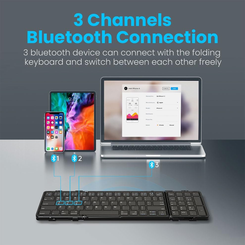 Miniatura 4 de Teclado Bluetooth plegable con teclado numérico, sin costuras, ultra ligero (8.3 onzas), teclado inalámbrico plegable de tamaño completo con teclado