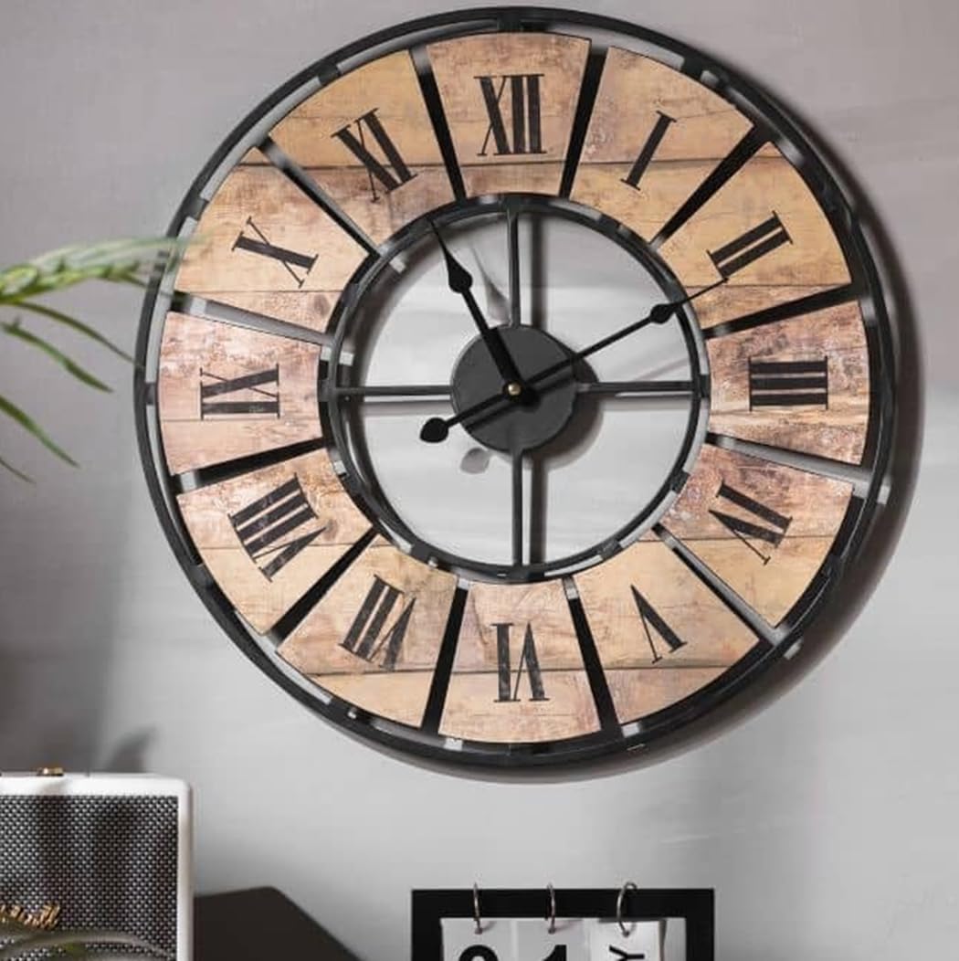 K&L Wall Art Reloj de pared grande vintage, metal y palé, sin ruido de tictac, moderno XL, números romanos (metal, aspecto de madera, 50 cm, madera antigua)