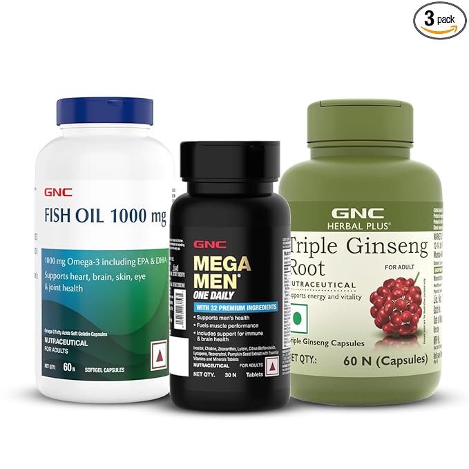 GNC Mens Energy, Immunity & Performance Trio | One Daily Multivitamin (30 Tablets), Fish Body Oil (60 Softgels) & Triple Ginseng Root (60 Capsules) | Better Focus | Strength & Stamina at Rs. 899