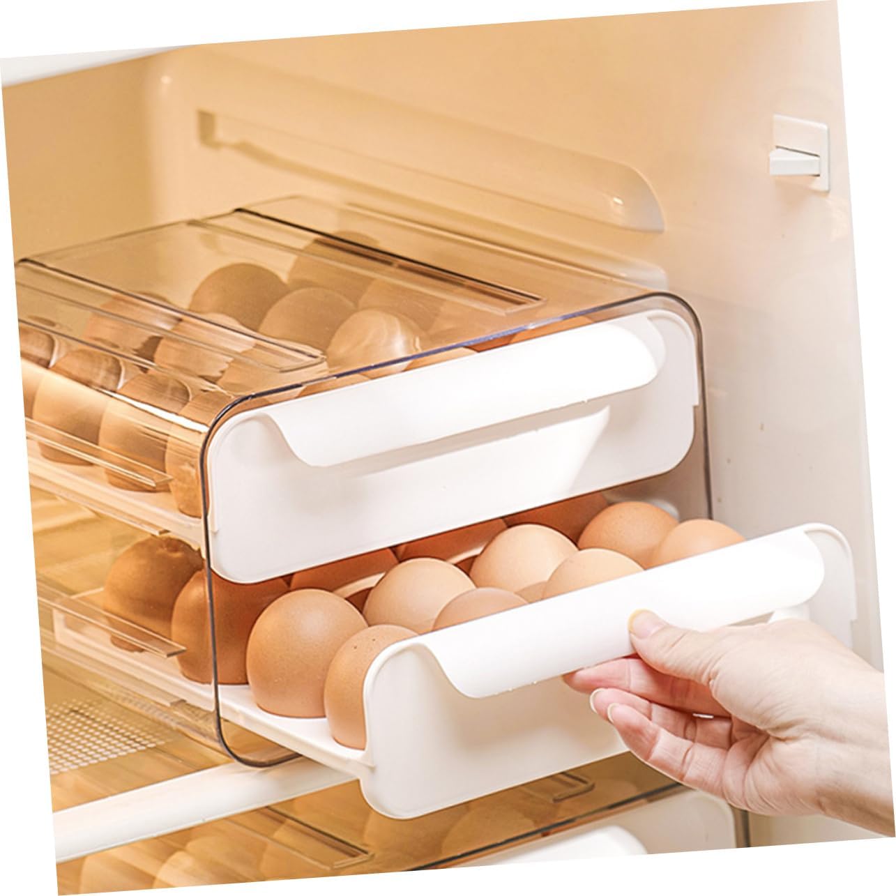 PRETYZOOM Stackable Egg Fridge Organizer Double Slot Pull out Drawer for Fresh Eggs Space Saving Design for Refrigerator Freezer Pantry and Kitchen Storage