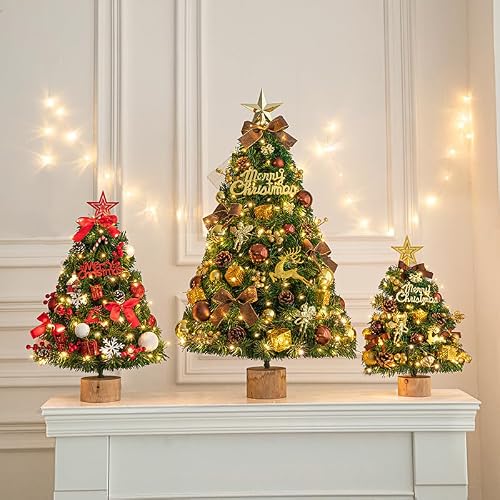 【2025新登場】卓上クリスマスツリー 35cm ミニツリー LED ライト付き 組立簡単 北欧おしゃれ 雪化粧オーナメントセット クリスマス飾り キラキラ雰囲気 プレゼントギフト 自宅玄関オフィス用 (イエロー, 35cm) [4]
