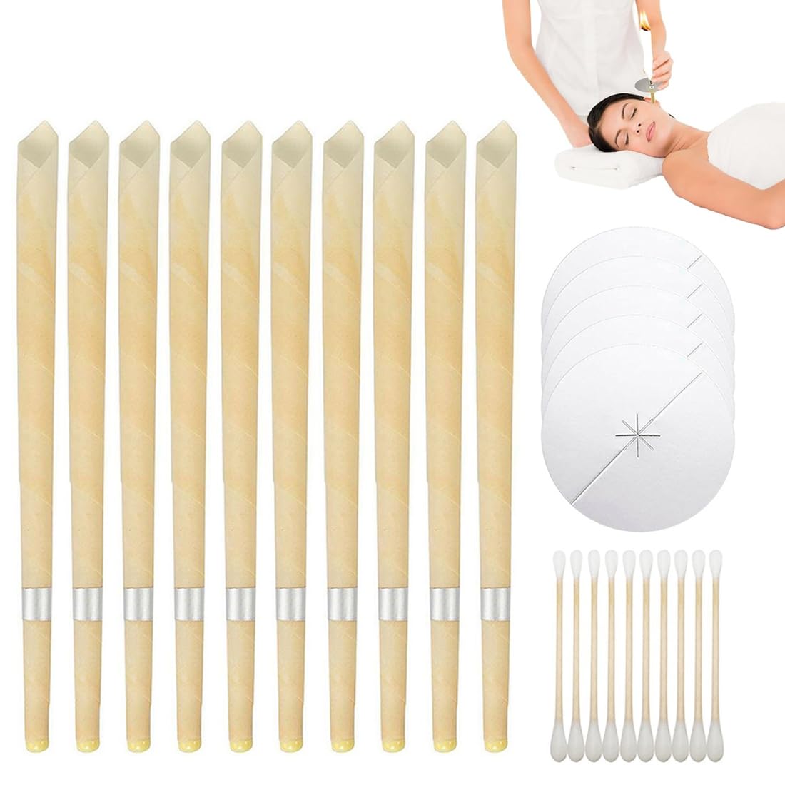 EBHO Candele Orecchie Cerume,Kit per Candele per Rimozione del Cerume,Togli Cerume Orecchie,Candele per Orecchie da 10 Pezzi con 5 Dischi Protettivi