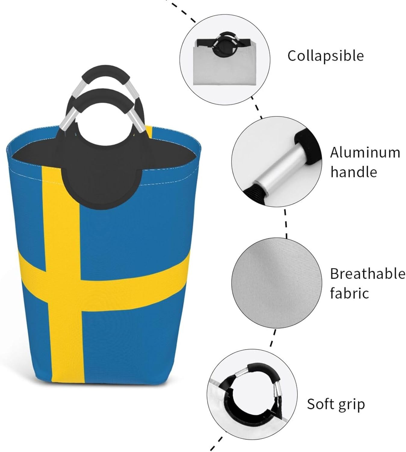 Swedish flag Foldable storage bag, 50L capacity, suitable for laundry room, dormitory bedroom, dirty clothes storage basket.