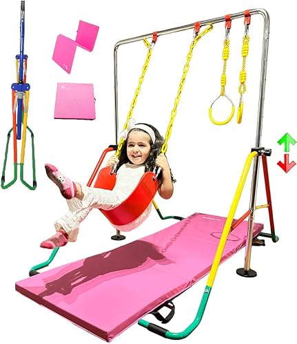 Barra de entrenamiento de gimnasia para niños, barra plegable expandible 5 en 1 + alfombrilla de 6 x 2 pies, asiento de columpio, 2 anillos de