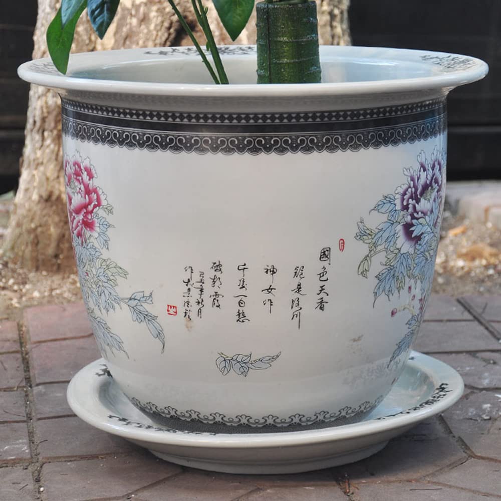 Jingdezhen Keramiktopf Pfingstrose Tuba Indoor Neuer chinesischer Blumentopf Orchidee mit Tablett Chinoiserie Outdoor Garten Pflanzenbehälter(Blau,weiß-33cm