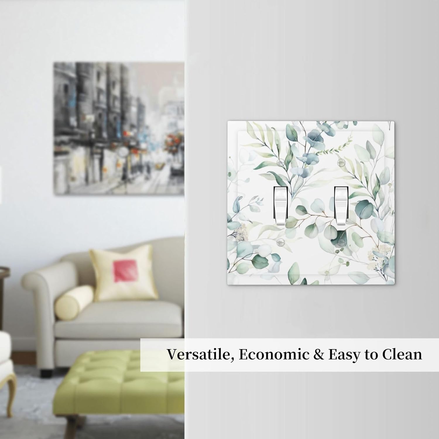 Watercolor Spring Eucalyptus Green Saga Double Toggle Wall Plate Covers 2 Gang Light Switch Cover Boho Leaf Plant Botanical Floral Wild Flower Decorative Electrical Faceplate Switchplate