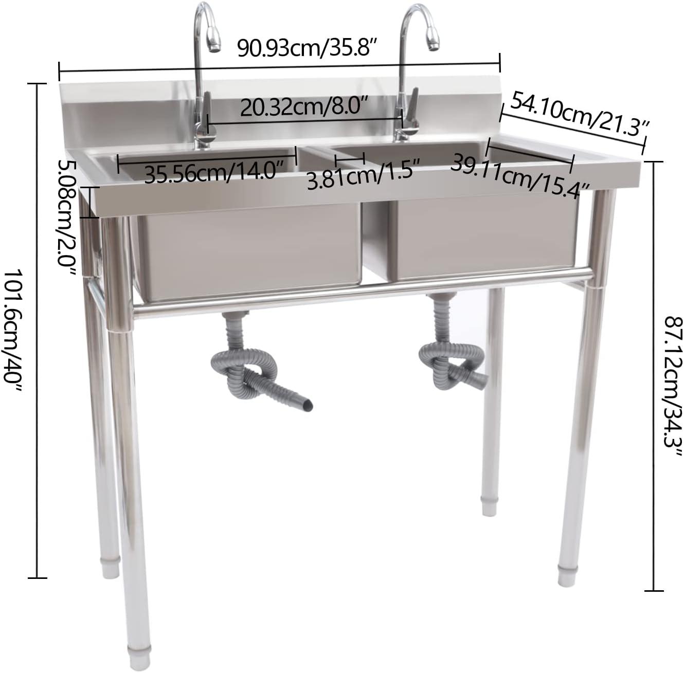 2 Compartment Utility Sink, Stainless Steel Two Bowl Kitchen Sink with Two Faucet, Freestanding Double Bowl Commercial Sink for Garage, Restaurant, Laundry Room (35.8" W x 21.3" D x 40" H)