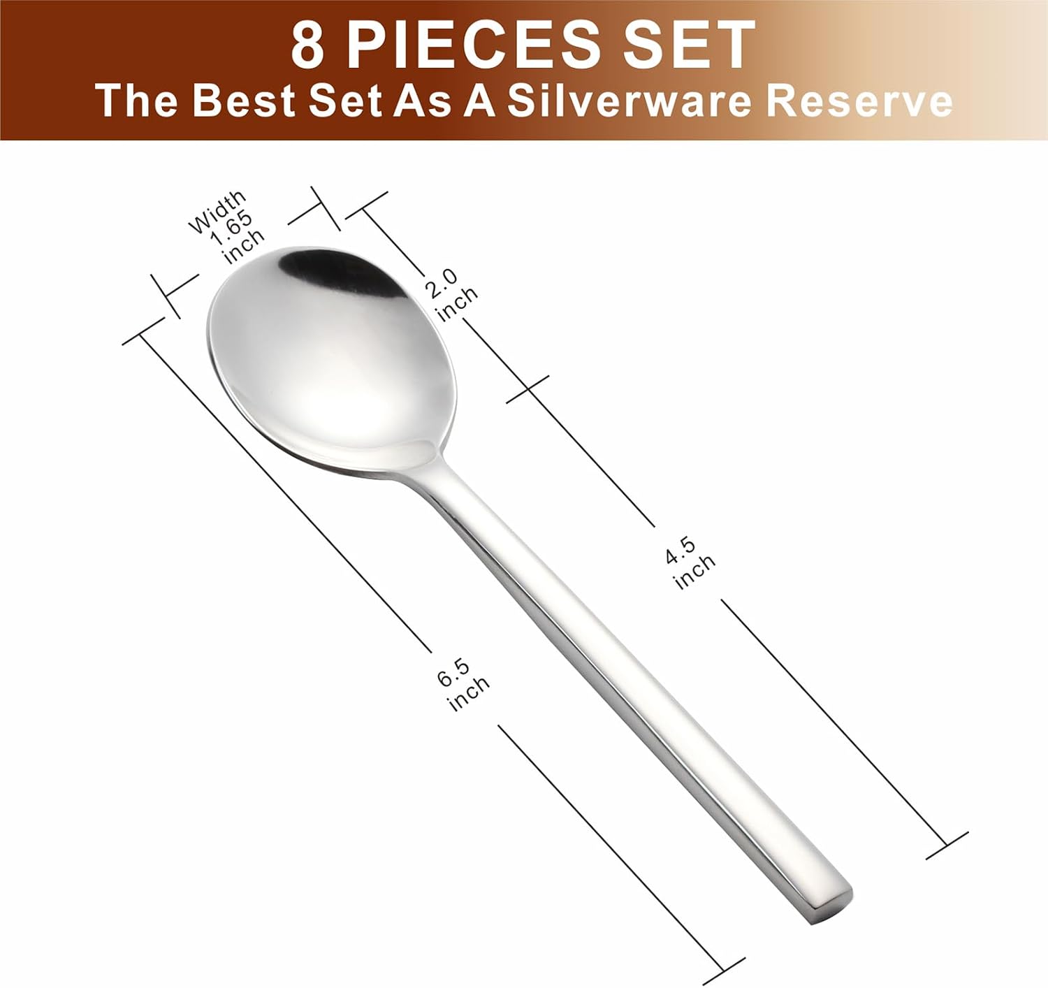 8-Piece Stainless Steel Spoons Set, Food-Grade Mirror Polished Dessert & Soup Spoons, 6.5 Inch Multi-Purpose Silverware for Home, Kitchen & Restaurant Use, Dishwasher Safe