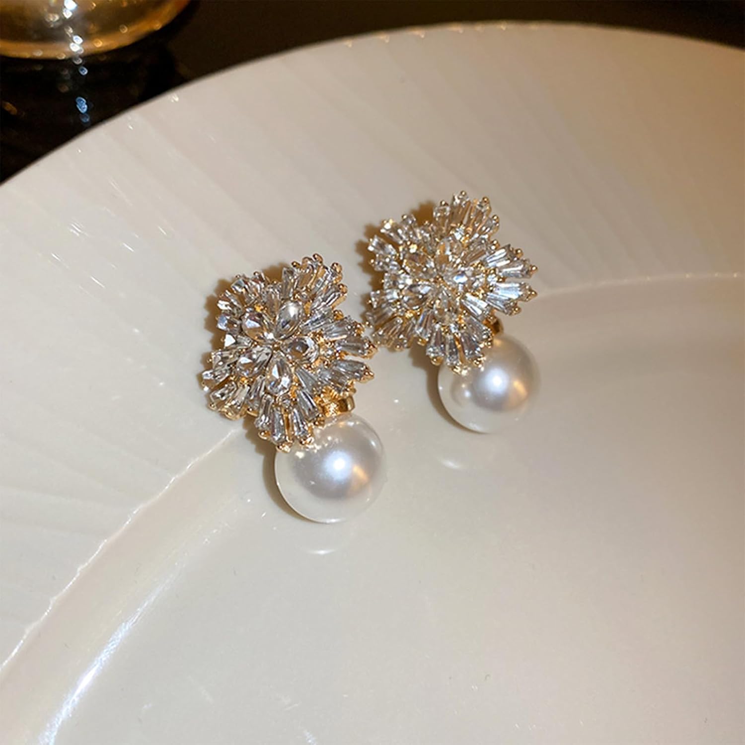 Sparkly Rhinestone Floral Pearl Dangle Earrings for Women,Vintage Cubic Zircon Silver Flower Statement Earings,Gorgeous Jewelry Valentine's Day Gifts - Image 4