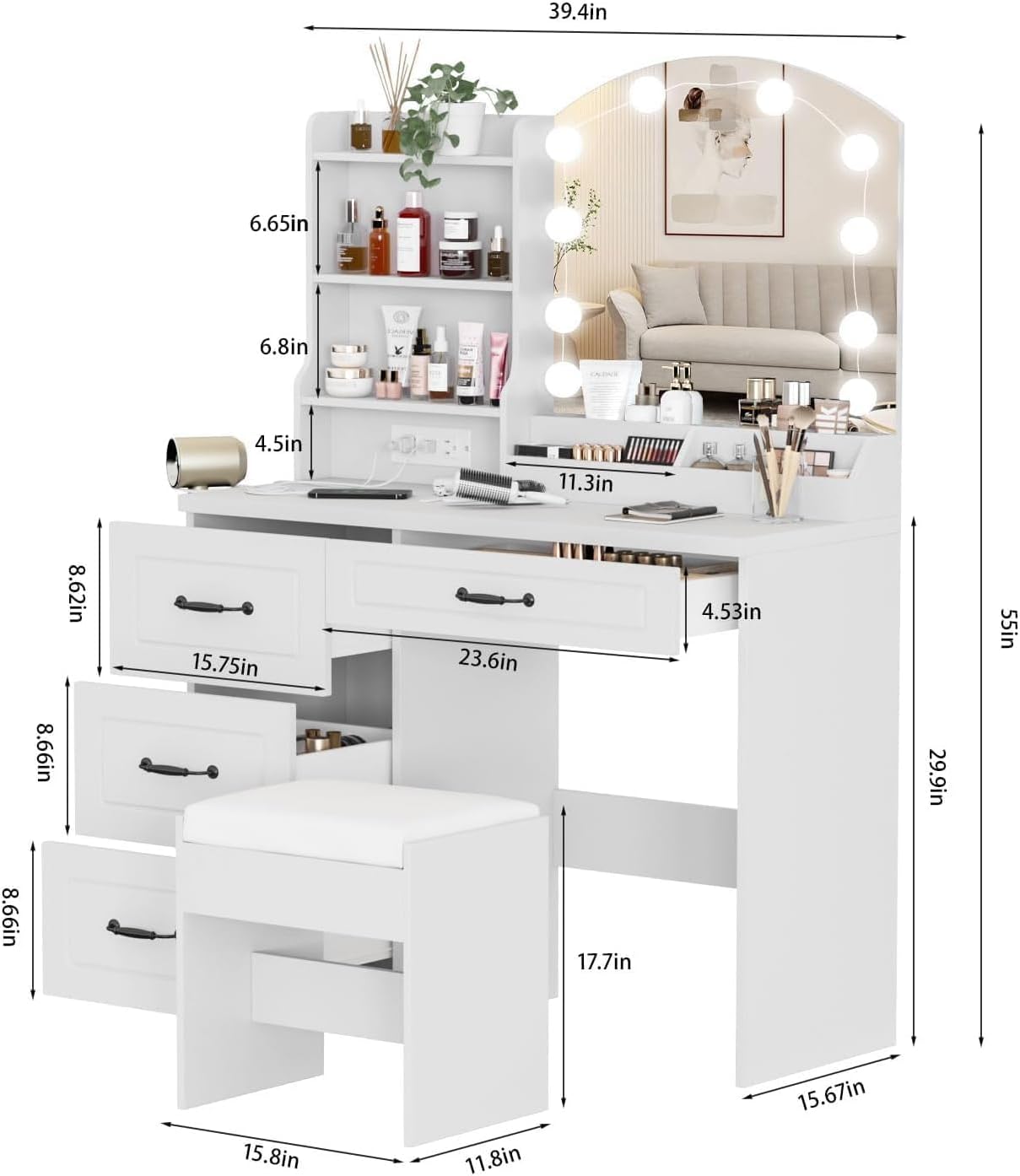Fameill Elegant White Vanity with Mirror & Adjustable Brightness, Vanity Set with Charger Station, Large Makeup Table with 4 Drawers Lots Storage,39.4in(W)
