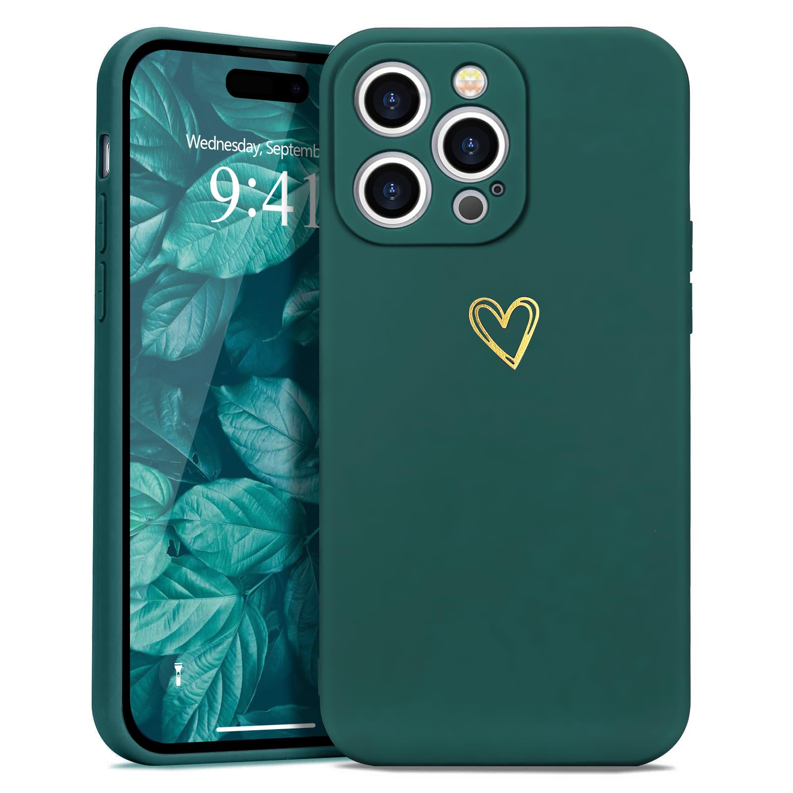 Wirvyuerfor iPhone 15 Pro Case Cute Heart Pattern Soft Shockproof Protective Silicone Phone Case for Women Girls, Green
