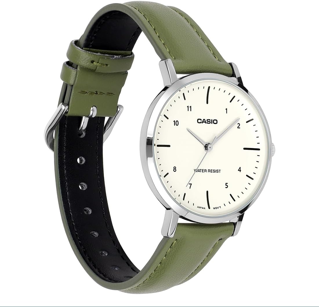 Casio LTP-VT03L-3B Women's Minimalistic Green Leather Band Beige Concave-Shaped Dial 3-Hand Analog Watch