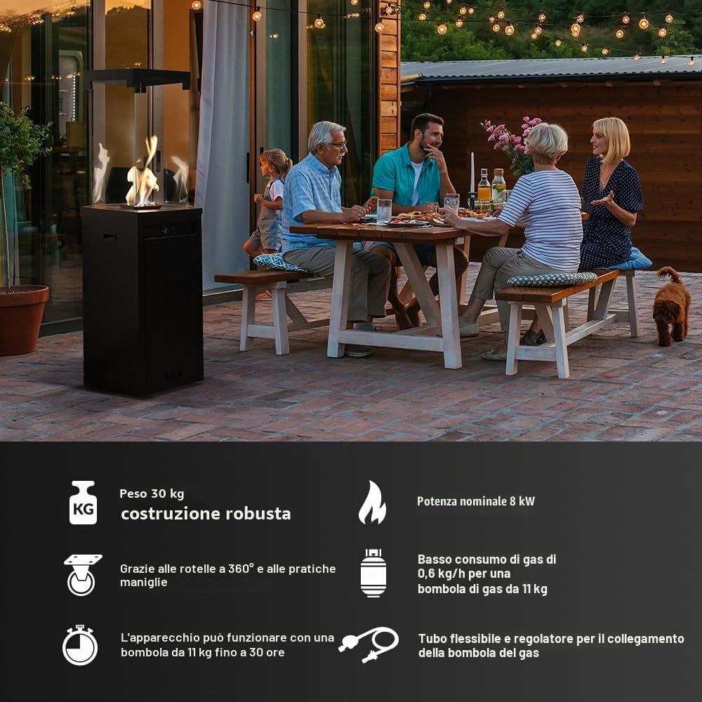 KRATKI Stufa da terrazza a gas PATIO LIGHT 144,4 x 37 x 37 cm bianco camino | PATIO LIGHT bianco, riscaldatore da esterno a gas, fornello a gas propano butano per esterno, braserro portatile con ruote