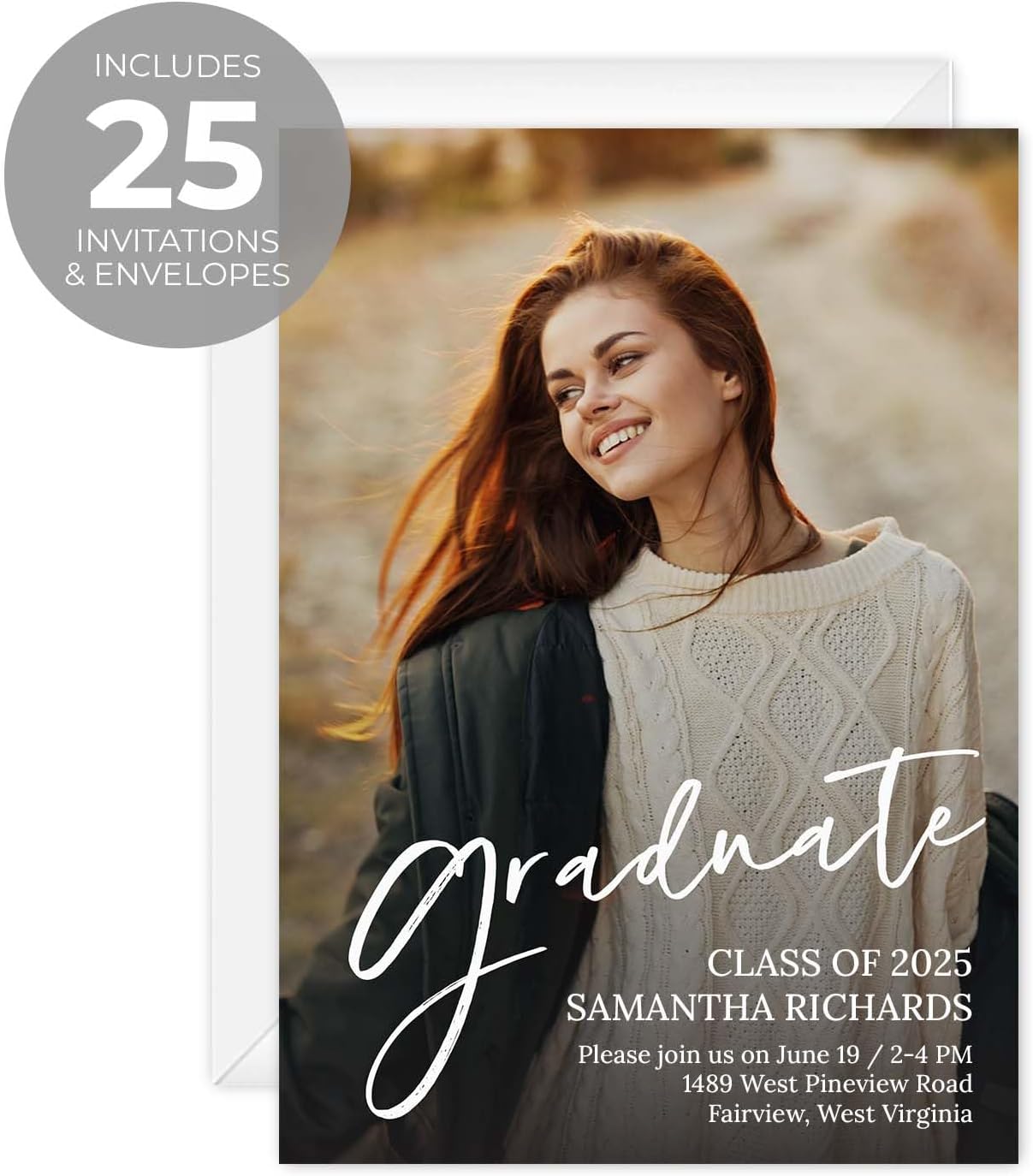 Personalized Vertical Photo White Script Graduate Invitations / 25 Custom Image Overlay Graduation Party Invites With White Envelopes / 5" x 7" Flat Modern Grad Announcement Cards/Made In The USA