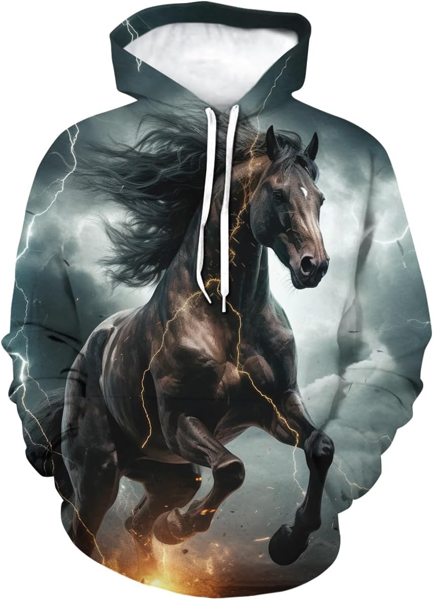 Snbidmk Novelty Horse Print Hoodie Animal 3D Pattern Sweatshirt Hooded Pullover with Pocket