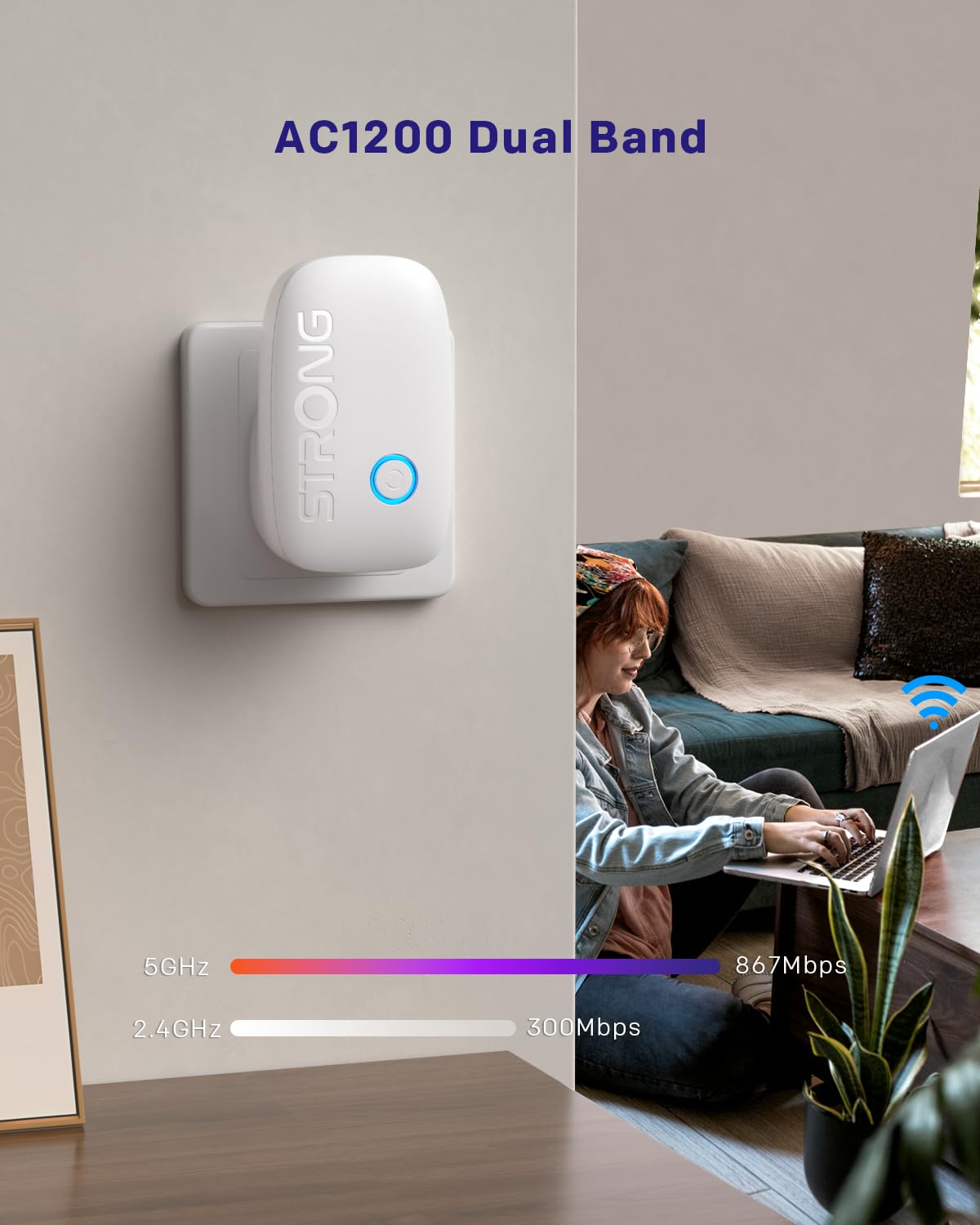 STRONG Ripetitore WiFi Dual Band AC1200Mbps, Ripetitore WiFi potente per casa, Porta Ethernet 100Mbps, Access Point, Lampada Notturna Intelligente, Compatibile con Router, Installazione Facile