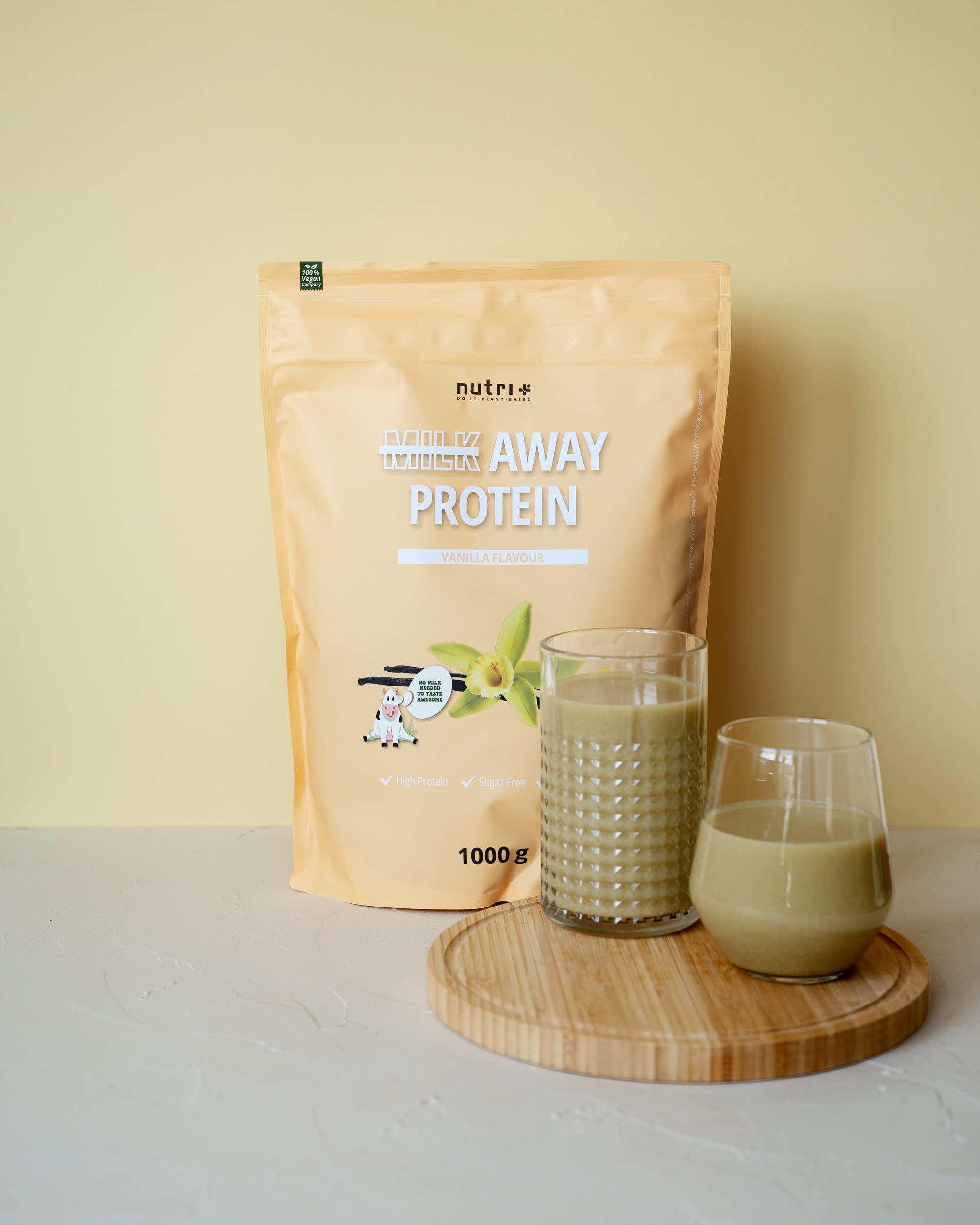 Nutri + Veganes Proteinpulver Vanille - Milk Away Vegan Protein ohne Soja 1 kg - 5k Eiweißshake aus Erbsen, Buchweizen, Hanfsamen, Reis & Kürbiskernen