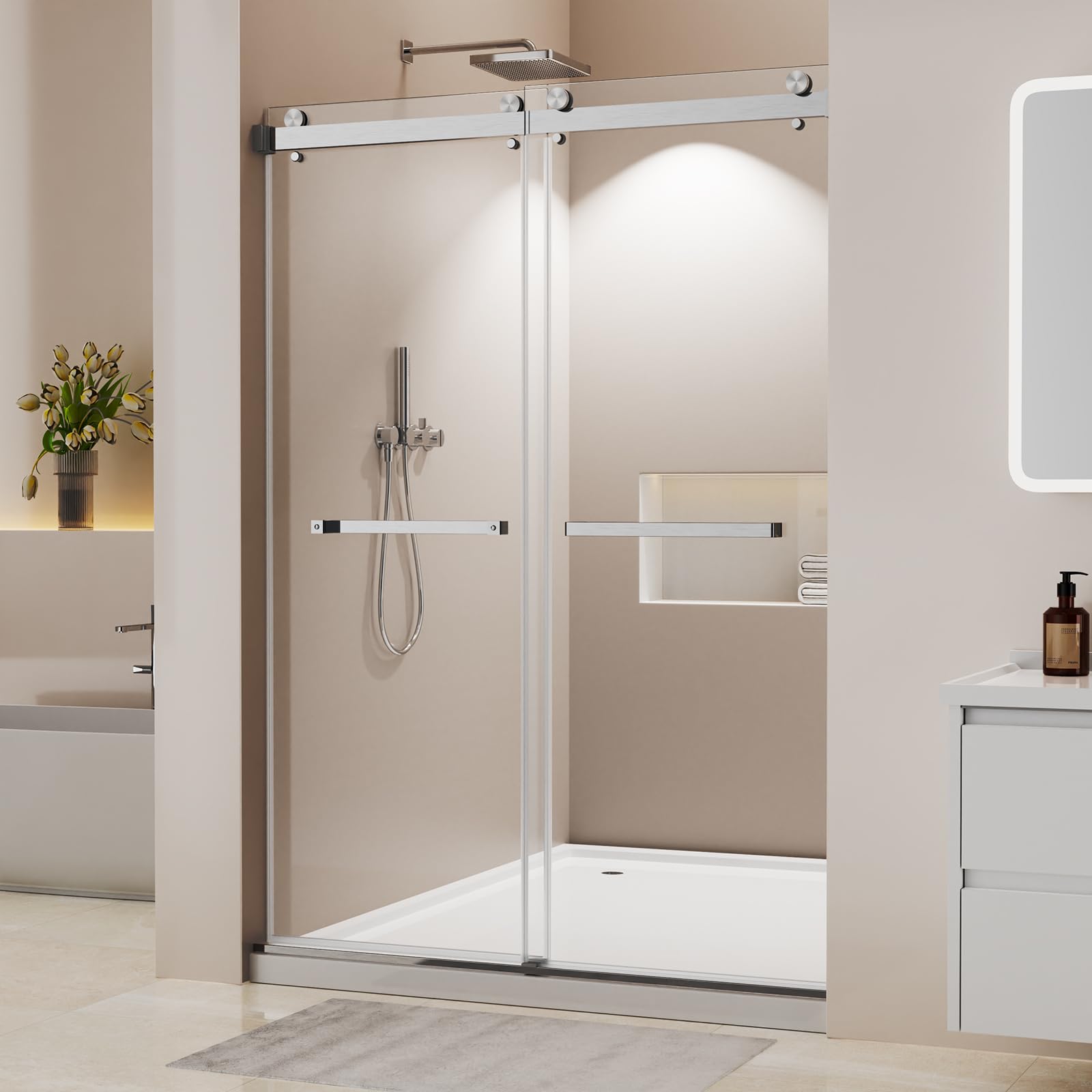 Frameless Stainless Steel Sliding Shower Door, 50-54" W x 76" H - 1/4” (6mm) Thick Tempered Glass Rust-Proof Glass Shower Door with Dual Tracks in Brushed Nickel