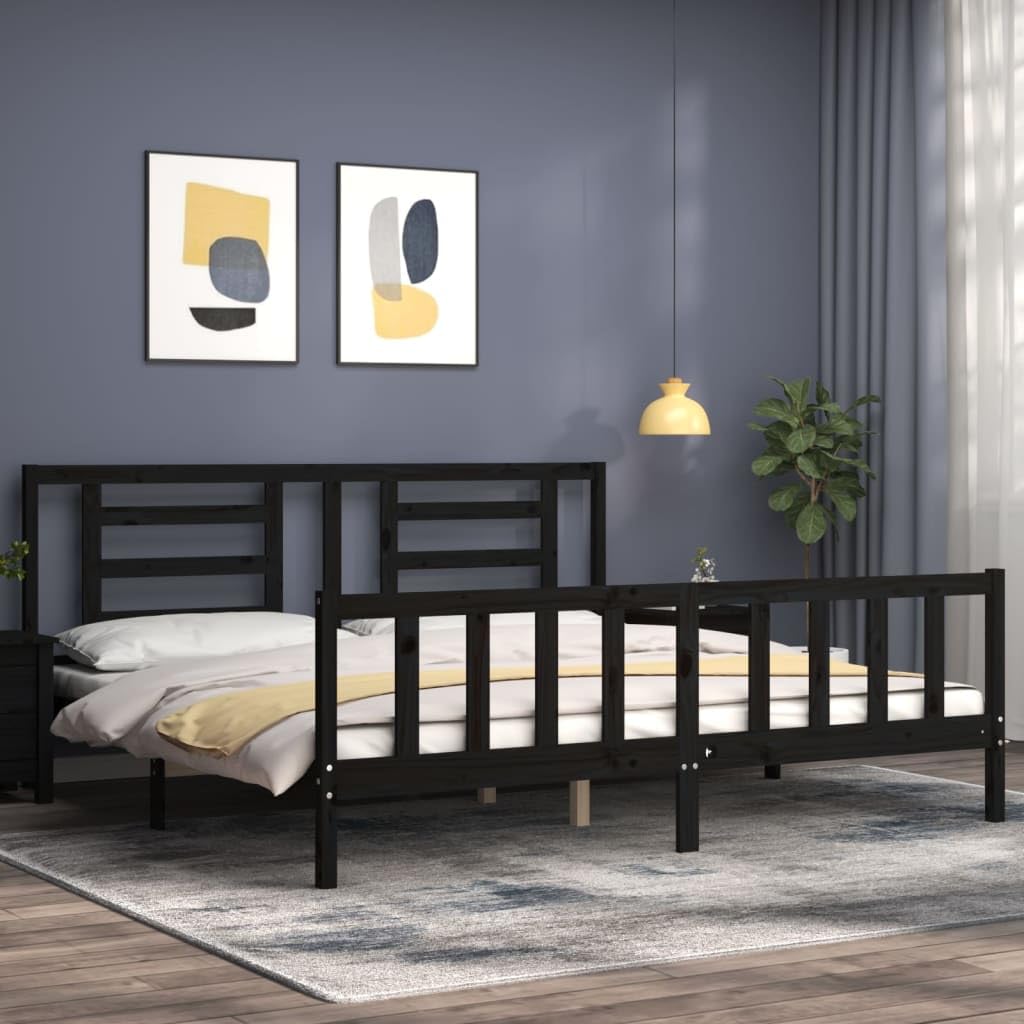 Homgoday Bettgestell mit Kopfteil, Massivholz, Schwarz, 200 x 200 cm, Lattenrost für Erwachsene, Kinder und Jugendliche, einfache Montage, Typ 7 Betten und Lattenroste, Möbel